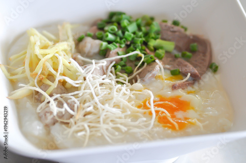 rice gruel or rice porridge or congee with pork ball, pork liver and egg or pork congee