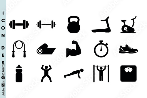 Set of icons for bodybuilding and athletic gym equipment. Featuring dumbbells, treadmill, stationary bike, stopwatch, sneakers, and pull-up bar symbols. Solid vector design.