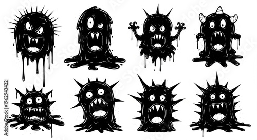Urban Graffiti Monster Blobs Vector Illustration Sheet in Black Ink Grunge Punk Street Art Style