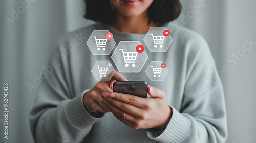 Person using a smartphone with digital shopping cart icons floating around, symbolizing online shopping and e-commerce