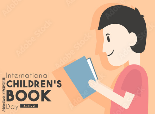 International Children's Book Day Vector Illustration. Happy Little Boy Reading Book with Enthusiasm and Joy. April 2.