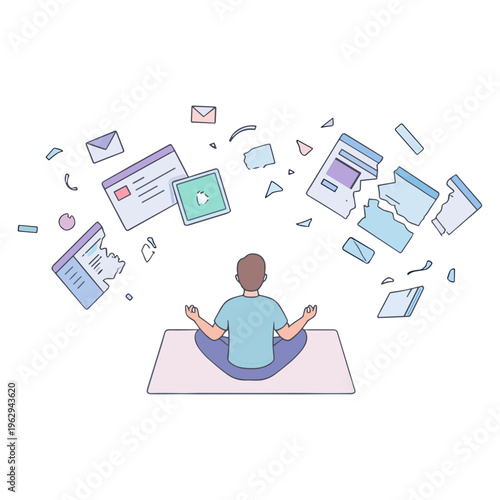 A person sits cross-legged on a mat surrounded by floating digital icons and devices in a cluttered environment from a rear viewpoint.