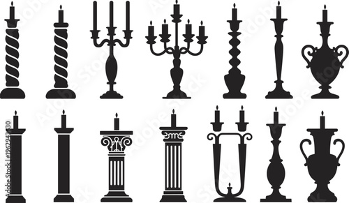 Classic candle holder silhouette set vintage candlestick collection antique decorative lighting black vector illustration isolated ornate elegant design bundle