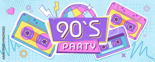 Retro disco poster or banner of 80s-90s with audio cassettes and disco ball. Memphis style background. Vector illustration