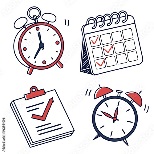 Line art of calendar, clipboard and alarm clocks