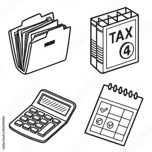 Icons of tax documents and office supplies