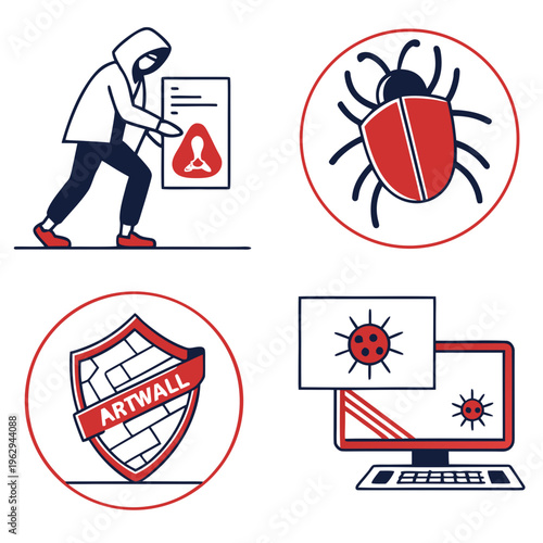 Icons of computer bug, firewall and hacker