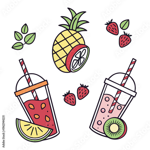A colorful illustration of fruit and smoothies