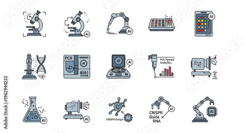 AI Laboratory and Biotechnology Icon Set with Robotic Automation, CRISPR Gene Editing, and Molecular Research Tools