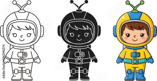 Cute astronaut kid cartoon character coloring page vector illustration space suit child mascot kawaii style isolated design set