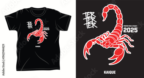 T shirt design with red scorpion and text kaique ter 2025 prontos para o ataque