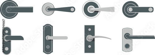 Door handle set modern lever knobs hardware vector illustration interior design elements home accessories isolated collection metallic style