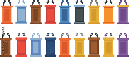 Podium lectern set with microphones public speaking stage vector illustration debate conference presentation political speech isolated colorful design collection