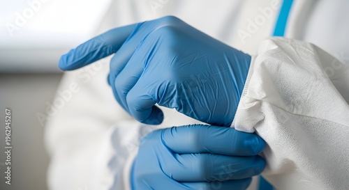 Medical professional in protective gear preparing for procedure with blue gloves