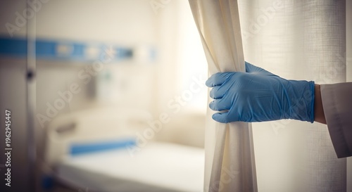 A gloved hand grasping a curtain in a hospital room with a blurred background