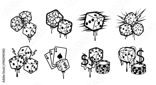 Urban Graffiti Dice and Gambling Icons Vector Illustration Sheet in Black Ink Grunge Punk Street Art Style