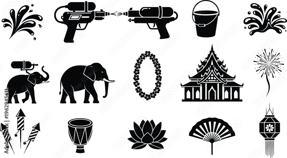 Fototapeta premium Silhouette icons of thai culture and objects isolated on transparent background