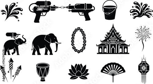 Silhouette icons of thai culture and objects isolated on transparent background
