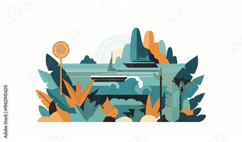Modern retro Southeast Asia tropical travel poster jungle plants islands ocean yachts vector illustration isolated on white