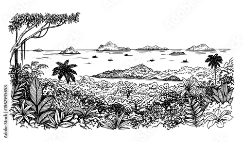 Southeast Asia tropical landscape sketch retro travel poster jungle sea islands black and white vector illustration isolated on white