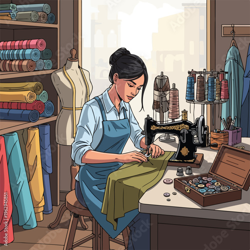 A seamstress is at work in a bright sewing room with various tools
