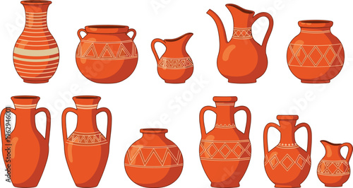 Terracotta pottery collection traditional clay pots vases handmade ceramic vessels decorative antique design rustic kitchen jar illustration isolated set