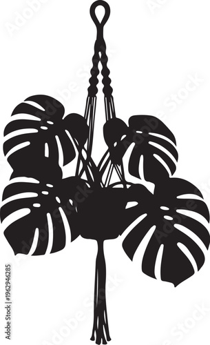 Black monstera plant silhouette with macrame hanger