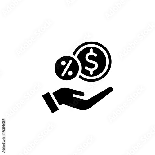 Financial icon showing a hand holding a dollar coin and percentage symbol. Perfect for tax returns, loan interest, investment savings, banking services, and discount promotions.