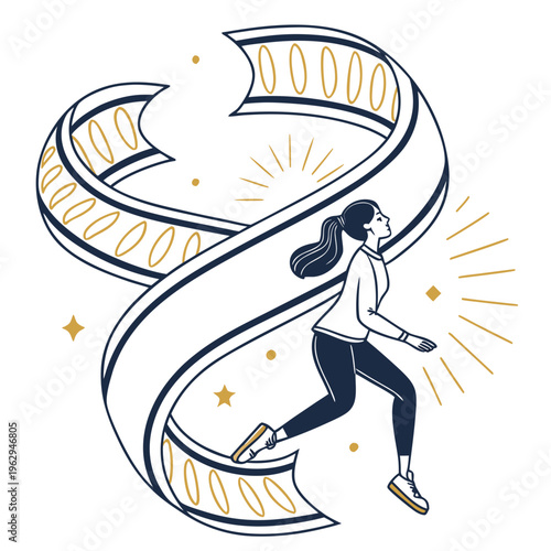 Woman running on film strip with stars and rays illustration