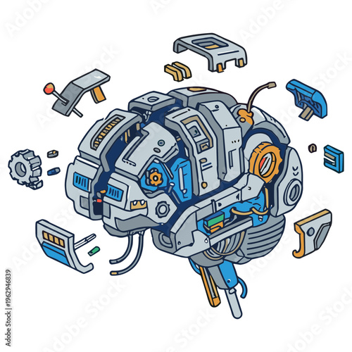 Robotic head disassembled with tools and parts around it on a clean surface