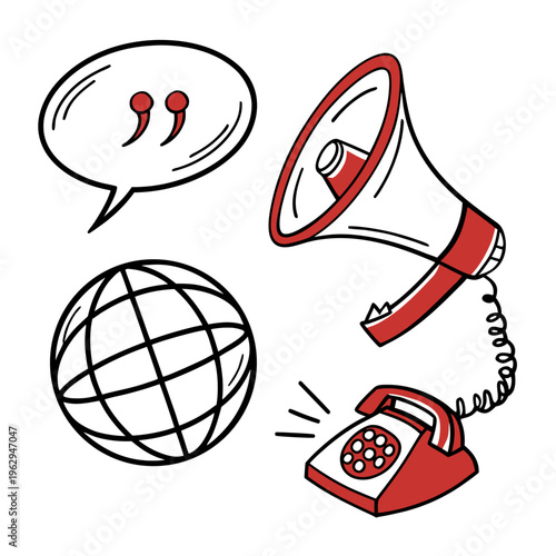 A cartoon drawing of a megaphone, rotary phone, globe and speech bubble