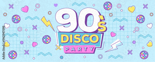 Retro disco poster or banner of 80s-90s with geometric elements and disco ball. Memphis style background. Vector illustration