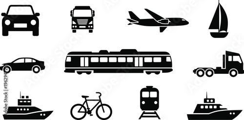 Transportation modes and vehicles icon set