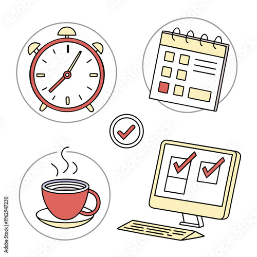 Icons of clock, calendar, computer and coffee cup