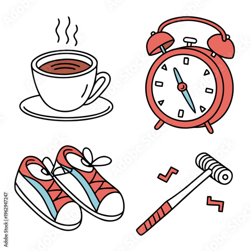 A collection of a cup of coffee, alarm clock, sneakers and a baseball bat