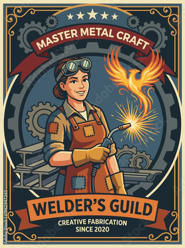 A skilled female welder sparks creativity in metal fabrication. The image reflects the craftsmanship, energy, and innovation of the Welder's Guild since 2020.