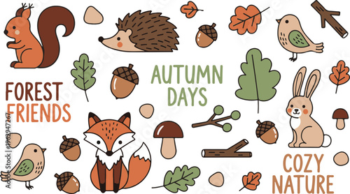 Woodland Animals Autumn Fall Forest Friends, Illustration Cartoon Collection