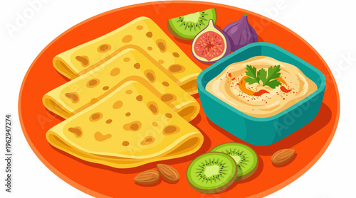 A colorful plate of Indian cuisine featuring freshly made roti, accompanied by a variety of dips and garnished with fruits, showcasing the rich culinary traditions and vibrant flavors.