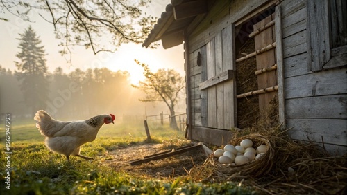 Wallpaper Mural A Hen Caring for Her Freshly Laid Eggs in a Rustic Coop Torontodigital.ca