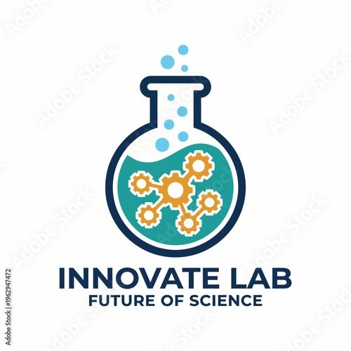 A modern logo for Innovate Lab, depicting a beaker filled with gears, representing the fusion of science and innovation in a creative, technology-driven approach.