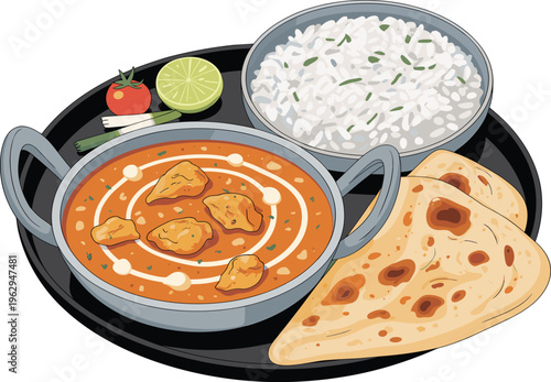 Indian butter chicken curry with basmati rice, naan bread, lime, and tomato on platter, vector
