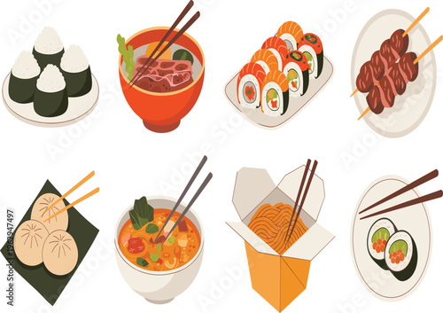 Japanese and Asian food vector collection with sushi, ramen, onigiri, dumplings, and noodles, isolated icons