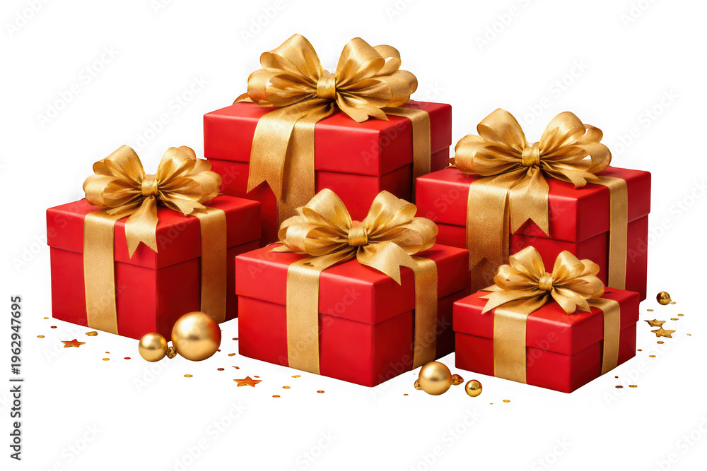 Obraz premium Stack of red gift boxes with gold ribbon isolated on transparent background