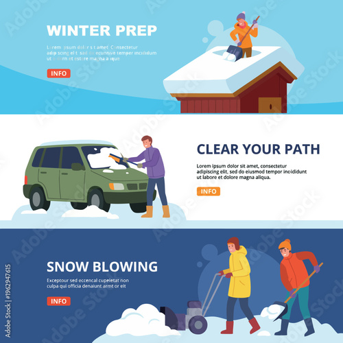 A collection of winter preparation activities showcases tasks like shoveling snow and clearing pathways, emphasizing community, readiness, and seasonal challenges during winter.