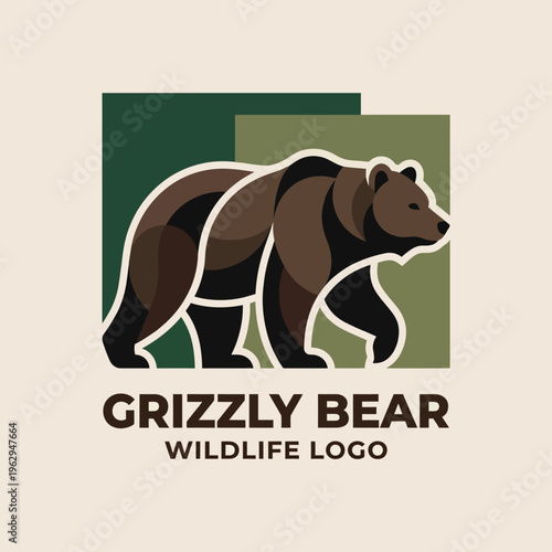 This logo showcases a majestic grizzly bear in rich earthy tones, symbolizing wildlife conservation, strength, and nature in a modern and artistic design for outdoor brands.