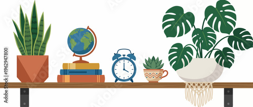 This image captures a well-organized shelf displaying plants, a globe, and an alarm clock, creating a stylish and inviting atmosphere in a modern home interior.