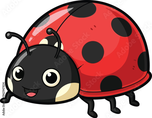 A cute cartoon ladybug insect creature with black spots and antennae smiles