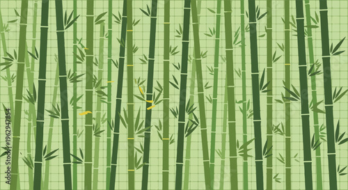 A serene illustration of bamboo stalks with green tones, creating a tranquil environment