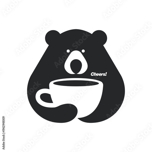 Cute black bear coffee logo icon flat vector design template