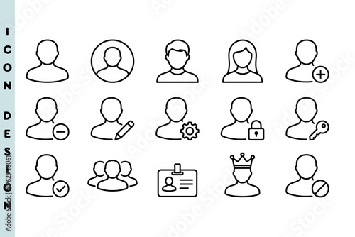 Set of icons for user account management and profile settings. Includes symbols for add user, edit, lock, secure key, identification, and group members. Linear vector design.